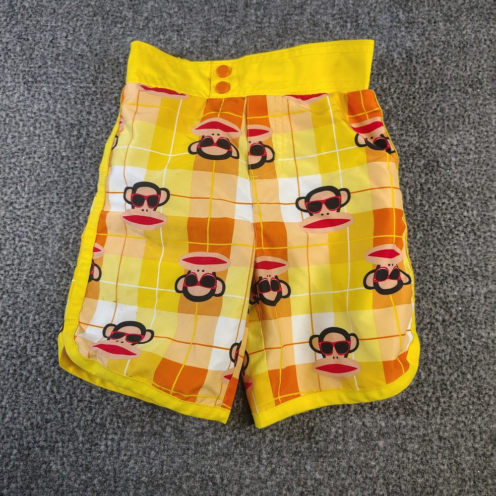 Paul Frank Board Shorts Boys 2T Yellow Julius Monkey Plaid Swim Trunks